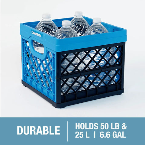 Neptune Blue Collapsible Milk Crate 3 Pack 25L Each shown holding water bottles; blue polypropylene, 50 lb capacity per bin.