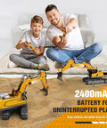 Father and son playing with 11 Channel RC Excavator Toy For Kids 3-12, Metal Construction Truck on sand and carpet