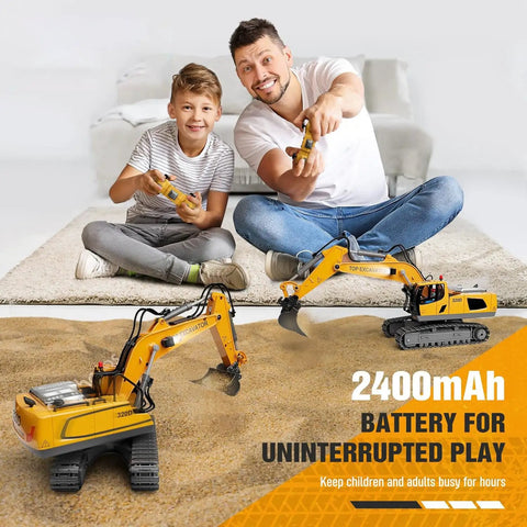 Father and son playing with 11 Channel RC Excavator Toy For Kids 3-12, Metal Construction Truck on sand and carpet