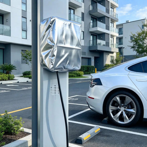 Tough As Nails Waterproof EV Charging Station Cover With All Season Dust Shield For Wall Mounted Electric Vehicle Plugs And Outdoor Home Chargers on parking wall.