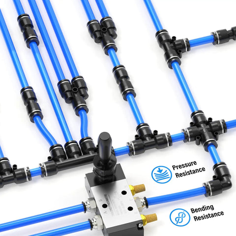 Blue PU Air Hose Kit 4mm OD 2.5mm ID, 10 Meter Length, 145 PSI Working Pressure, with connectors installed in garage setup