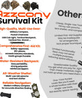 Azzcony All In One Survival Gear Kit comparison with backpack, first aid, compass, and additional tactical tools visible