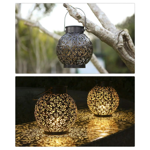 Outdoor Solar Lanterns Hanging Lights For Patio Porch Backyard Decorative Garden Lamps Metal Waterproof LED Lanterns With Auto On Off No Fuss Easy Setup Create Charming Shadow Patterns Two Pack