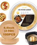 Go-To 6.5 Inch Round Air Fryer Paper Liners, 100 Pack Nonstick Parchment, packaging and uses with food