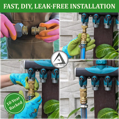 Heavy Duty Brass Hose Quick Connect Fittings 3/4-Inch Garden Hose Quick Disconnect Set 4 Pack installed on outdoor faucet