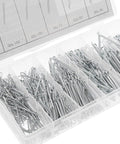 Open box showing 555 Piece Steel Cotter Pin Assortment Kit With Roll And R Shape For Trailer Hitch And Truck, Automotive Fasteners