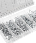 555 Piece Steel Cotter Pins Kit With R Clips And Spring Retainer Pins For Trailer Hitches, Automotive Hinges, And Industrial Fastening Applications Built For Heavy Duty Everyday Use, shown in a clear compartmentalized case with various pin sizes visible.