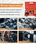 Front view of 33-in-1 bearing puller kit in a red portable case with assorted pullers and attachments for automotive use
