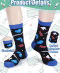 8 Pairs Medical Laboratory Socks For Women And Men featuring funny lab tech novelty crew dress patterns, modeled on feet.