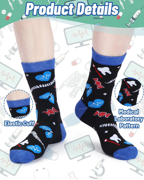 8 Pairs Medical Laboratory Socks For Women And Men featuring funny lab tech novelty crew dress patterns, modeled on feet.