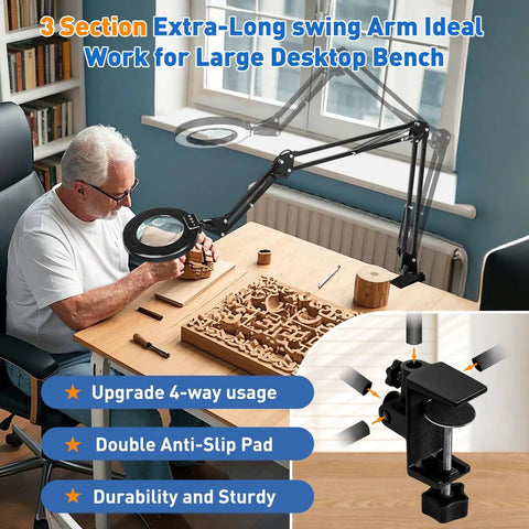 Ultra Long 12X And 30X Pro Grade Magnifying Lamp With Light And Clamp, Five Color Modes Stepless Dimming Desk Lamp in use on a workbench