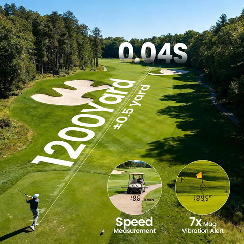 Golf Range Finder With Slope 1200 Yards Laser Distance Meter Pin Lock Vibration 7x Magnification displayed on golf course