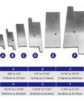 Six Piece Steel Parallel Set from 3/8 Inch to 2-1/4 Inch showing all pieces lined up with sizes marked in inches and millimeters.
