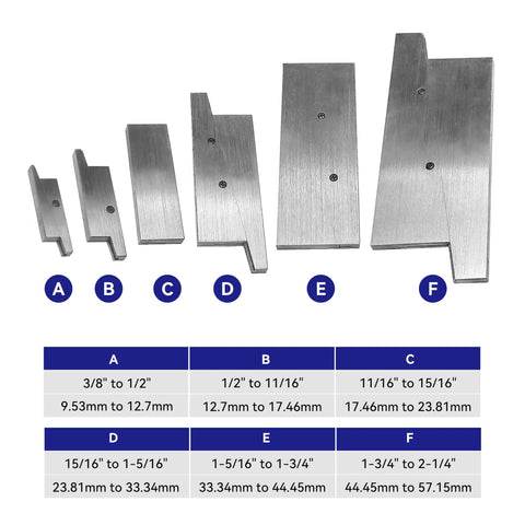 Six Piece Steel Parallel Set from 3/8 Inch to 2-1/4 Inch showing all pieces lined up with sizes marked in inches and millimeters.