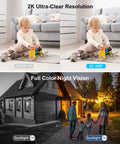 Two Pack Wireless Outdoor Security Cameras With Magnetic Mounts 2K video showing color night vision with children and house scene