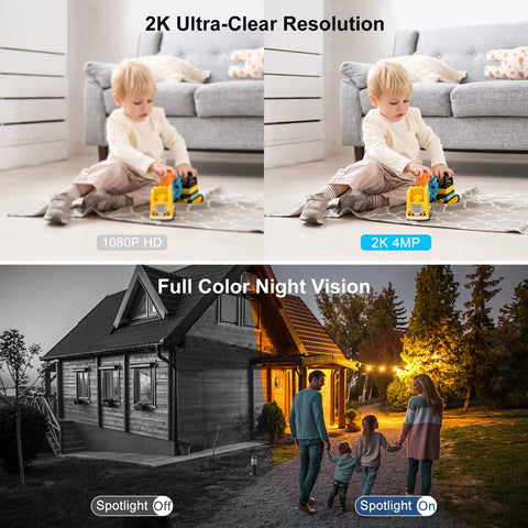 Two Pack Wireless Outdoor Security Cameras With Magnetic Mounts 2K video showing color night vision with children and house scene