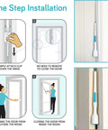 Installation steps for 2 In 1 Baby Door Safety Pinch Guard And Auto Finger Protector; demonstrating easy hinge side installation.