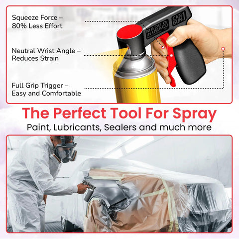Instant Aerosol Trigger Handle Converts Cans Into Spray Guns With Full Grip Trigger, used for car painting, ergonomic design.