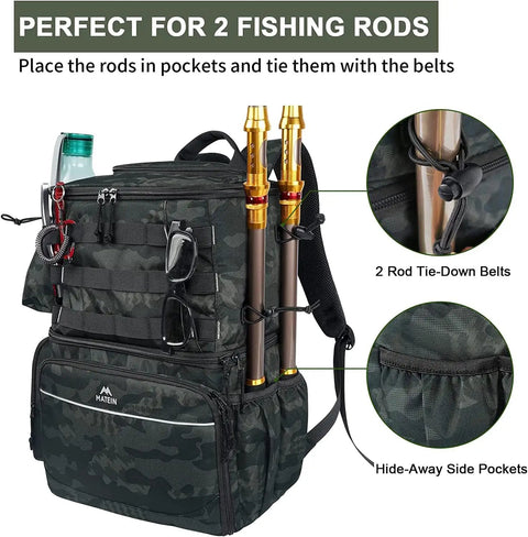 Water Resistant Fishing Backpack With Cooler Compartment Rod Holders And Tackle Storage Easy 180 Degree Opening