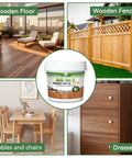 Slick All In One Cedar Wood Stain And Sealer One Gallon on wooden floor, fence, tables, and dresser setup.