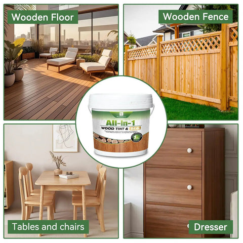 Slick All In One Cedar Wood Stain And Sealer One Gallon on wooden floor, fence, tables, and dresser setup.