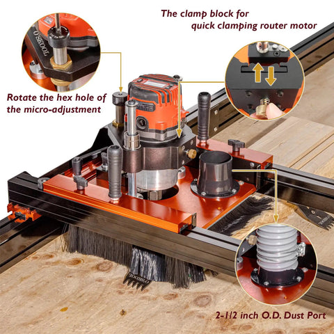 Ultimate Slab Flattening Router Sled with 3-Axis Gantry Jig and 3.5 Inch Router Lift shown on wooden slab
