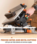 8-1/4 Inch Convertible Miter And Table Saw For Wood, Plastic, Metal Cutting, side view showing angle adjustment