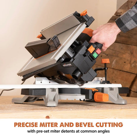 8-1/4 Inch Convertible Miter And Table Saw For Wood, Plastic, Metal Cutting, side view showing angle adjustment