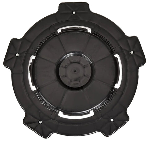 Top view of Heavy Duty Rolling Dolly Cage Base For 32 44 55 Gallon Round Barrels Twist Lock Durable Frame Tough Black Transport Cart.