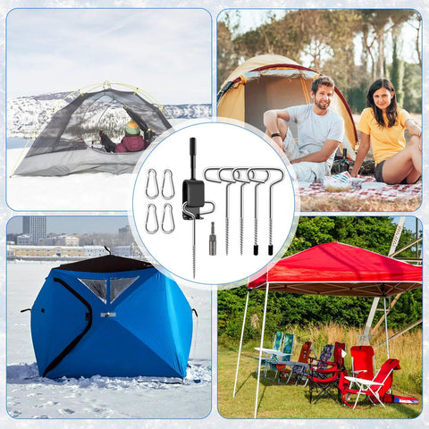Pro Grade 14 Piece Ice Anchor Drill Adapter Kit For Ice Fishing Shelter Setup shown with tents and ice fishing shelters