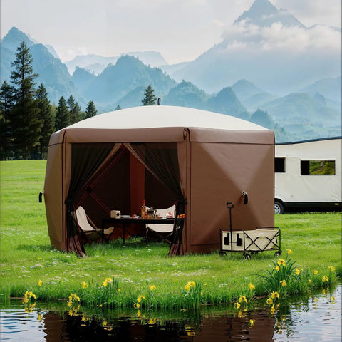 Hexagonal Six Sided Pop Up Gazebo Tent With Easy One Push Setup Mesh Panels And Removable Wind Cloths 89 Sq Ft Shade