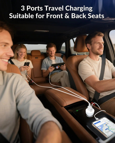 Passengers using 70W 3 Port Fast Car Charger With USB C PD And USB A QC Quick Charge For iPhone 14 13 12 11 Pro Max Mini SE