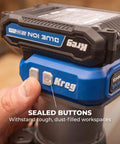 Slick Action 20V Cordless Trim Router Featuring Micro Adjustment Dial And Dual Led Lights For Tight Corners And Crisp Edges On Any Knockout Build Bare Tool Rig close-up of sealed buttons for durability.