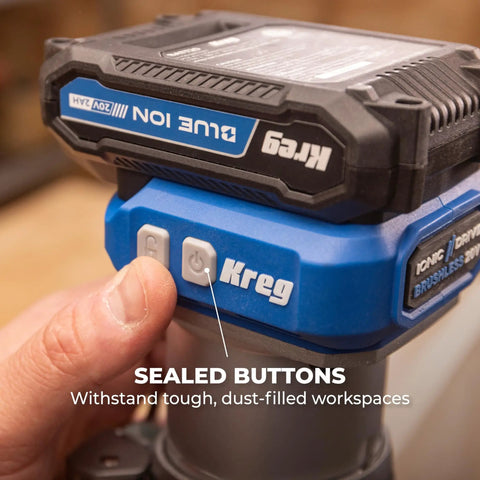 Slick Action 20V Cordless Trim Router Featuring Micro Adjustment Dial And Dual Led Lights For Tight Corners And Crisp Edges On Any Knockout Build Bare Tool Rig close-up of sealed buttons for durability.