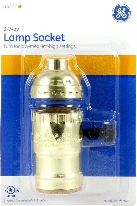Three Way Lamp Socket With Medium Base Turn Dial For Low Medium High Light Settings For Floor And Table Lamps Build Your Own Lamp DIY Project Ready UL Listed Brushed Gold Finish in retail packaging.