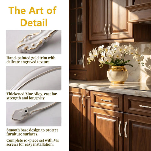 White Vintage Cabinet Pulls 10 Pack With 3.8 Inch Center Hole Spacing For Cabinets And Drawers Premium Aluminum Alloy Handles For Kitchen Cupboards Wardrobe Nightstands Screws Included For Easy Install shown on wooden kitchen cabinets