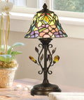 Crystal Peony Accent Lamp With Antique Golden Sand Art Glass Shade, Classic Retro Vibe Leaded Glass Style Decor Light