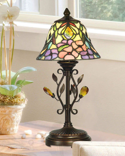 Crystal Peony Accent Lamp With Antique Golden Sand Art Glass Shade, Classic Retro Vibe Leaded Glass Style Decor Light