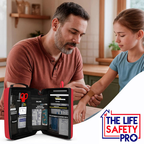 Portable kids first aid kit with CPR shield in a red-black case, opened to show organized contents The Life Safety Pro