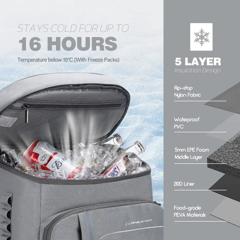 Insulated Cooler Backpack With Leakproof Liner open with ice and drinks, highlighting 16-hour insulation and material layers.