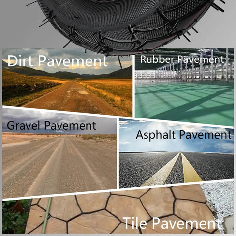 4 Pack Heavy Duty Rubber Caster Wheels Featuring Antislip Tires on various pavements: dirt, gravel, rubber, tile, and asphalt.