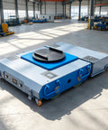 Heavy Duty Electric Transfer Cart Featuring Precision Remote Steering And 360 Degree Swivel Turntable in a warehouse setting.