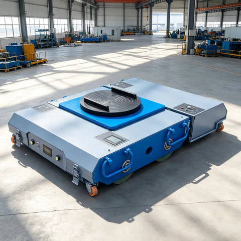 Heavy Duty Electric Transfer Cart Featuring Precision Remote Steering And 360 Degree Swivel Turntable in a warehouse setting.