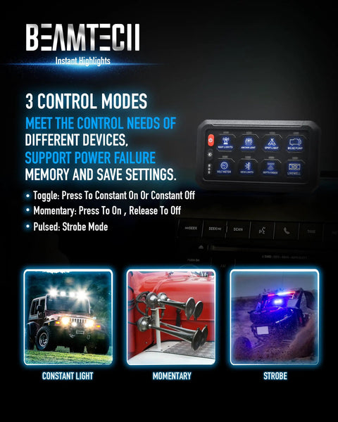 Beamtech 8 Gang RGB Switch Panel With Multi Function On Off Memory Dimmer Pulse Toggle And Auxiliary Touch LED Controller display