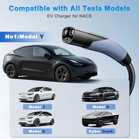 Portable Tesla EV Charger Level 1 And Level 2 16A with 21FT cable and NACS connector for Tesla Models Y, X, 3, S, and Cybertruck