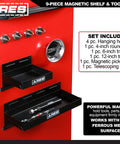 9 Piece Shelf and Tool Set With Magnetic Shelves, trays holding tools attached to red surface, visible hooks, and magnetic features.