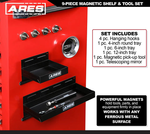 9 Piece Shelf and Tool Set With Magnetic Shelves, trays holding tools attached to red surface, visible hooks, and magnetic features.