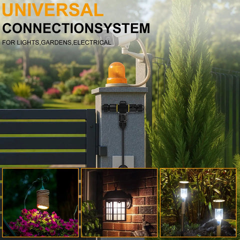 Outdoor scene showing IP68 Waterproof Outdoor Junction Box T Shape 3 Way 3 Pin Connector near garden lights and plants.