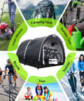Collage featuring Oversized Outdoor Bike Storage Tent Shed With Window Waterproof Shelter among bikes, lawn mower, toys, and garden tools.