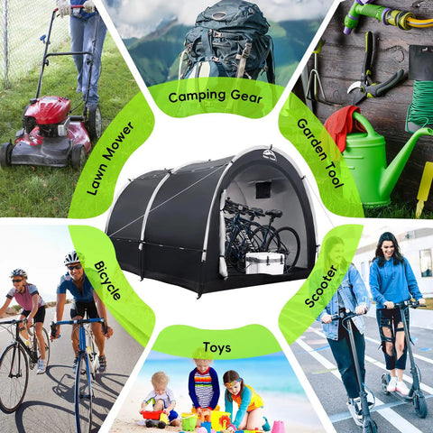 Collage featuring Oversized Outdoor Bike Storage Tent Shed With Window Waterproof Shelter among bikes, lawn mower, toys, and garden tools.